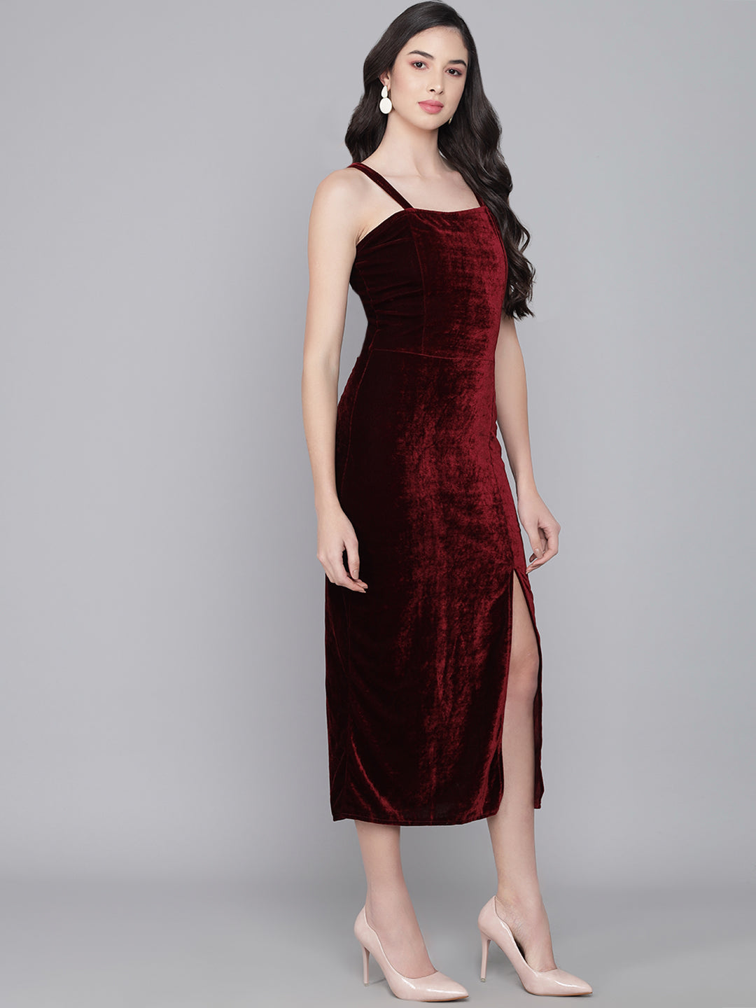 Maxi Sleeveless Velvet Square Neck Bodycon Dress Maroon