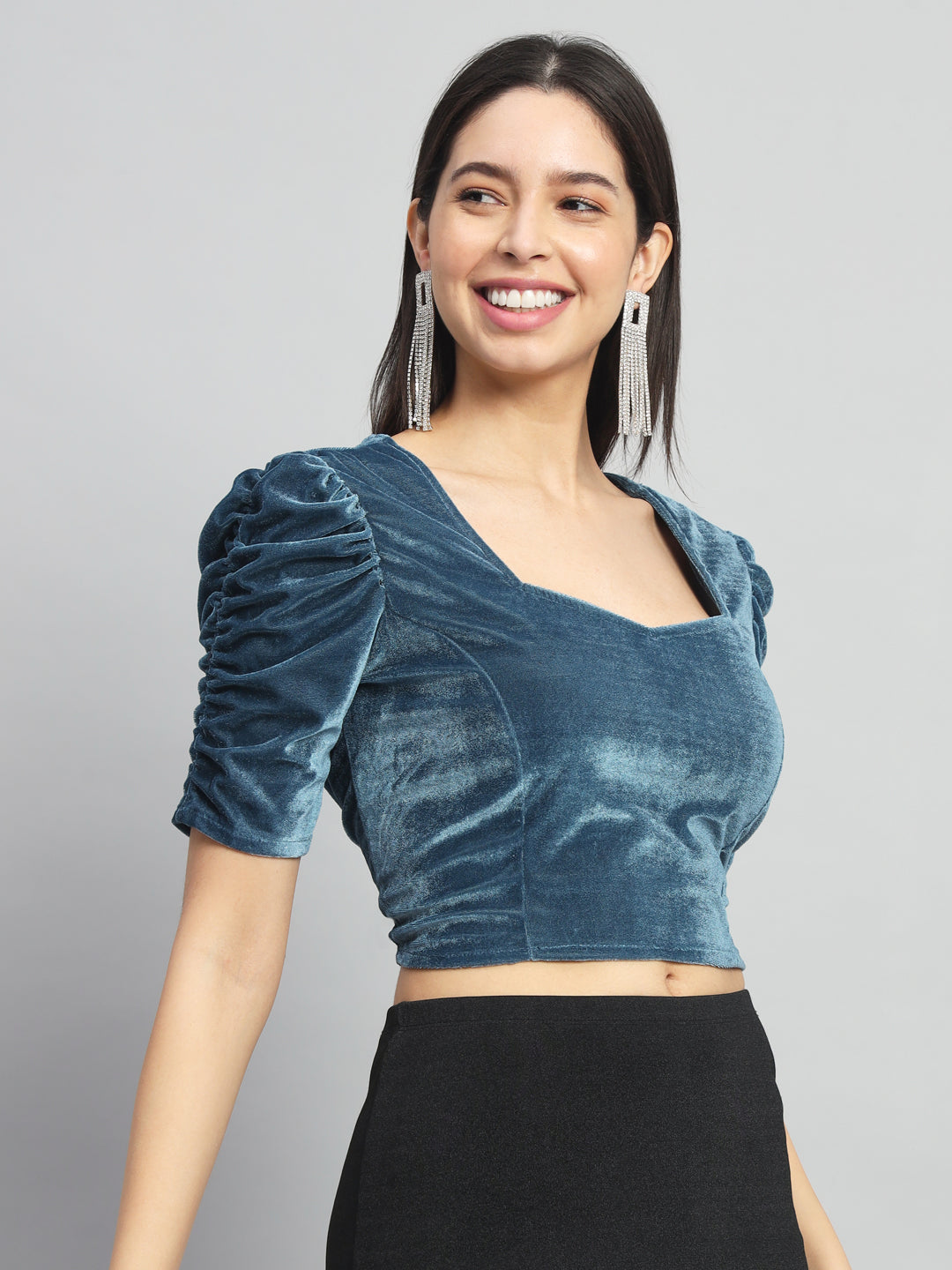 Puff Sleeves Velvet Blouse Tops Dark Teal