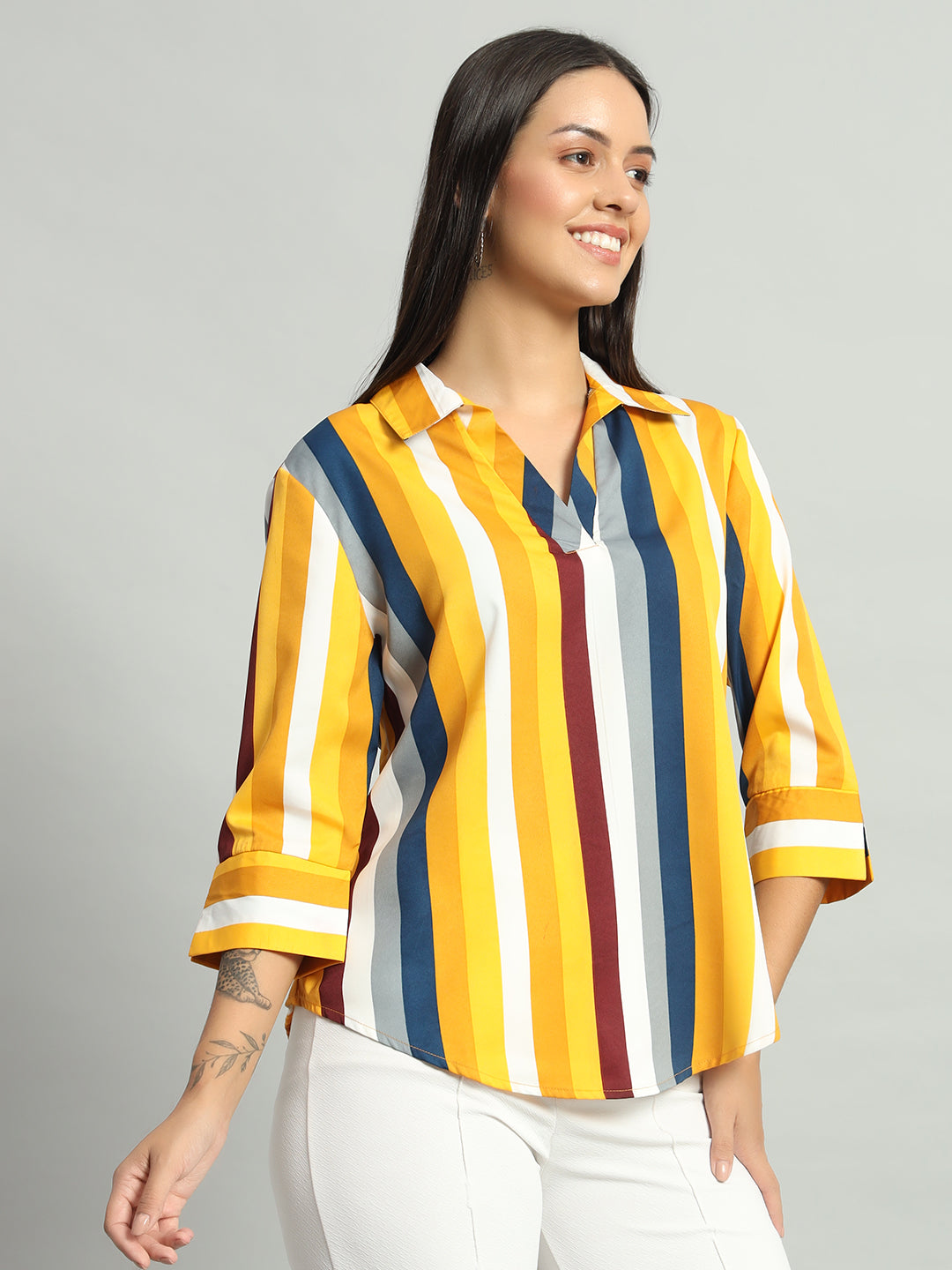 Crepe V-Neck Collared Quarter Sleeves Tops Dark Yellow