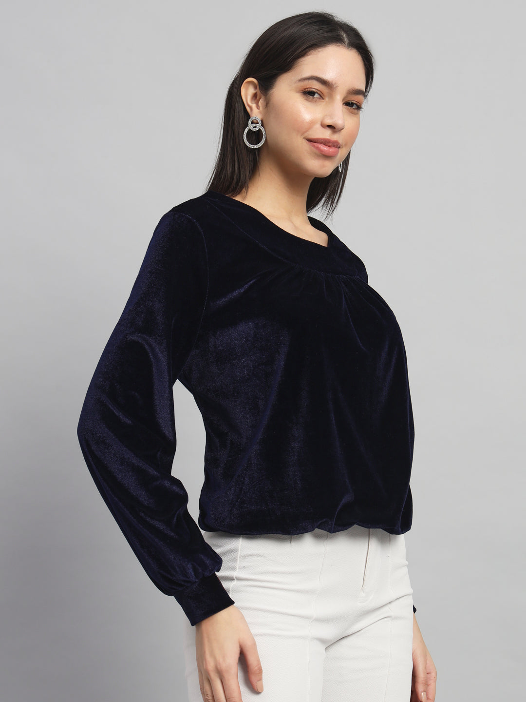 Round Neck Puff Sleeves Blouson Top Navy Blue