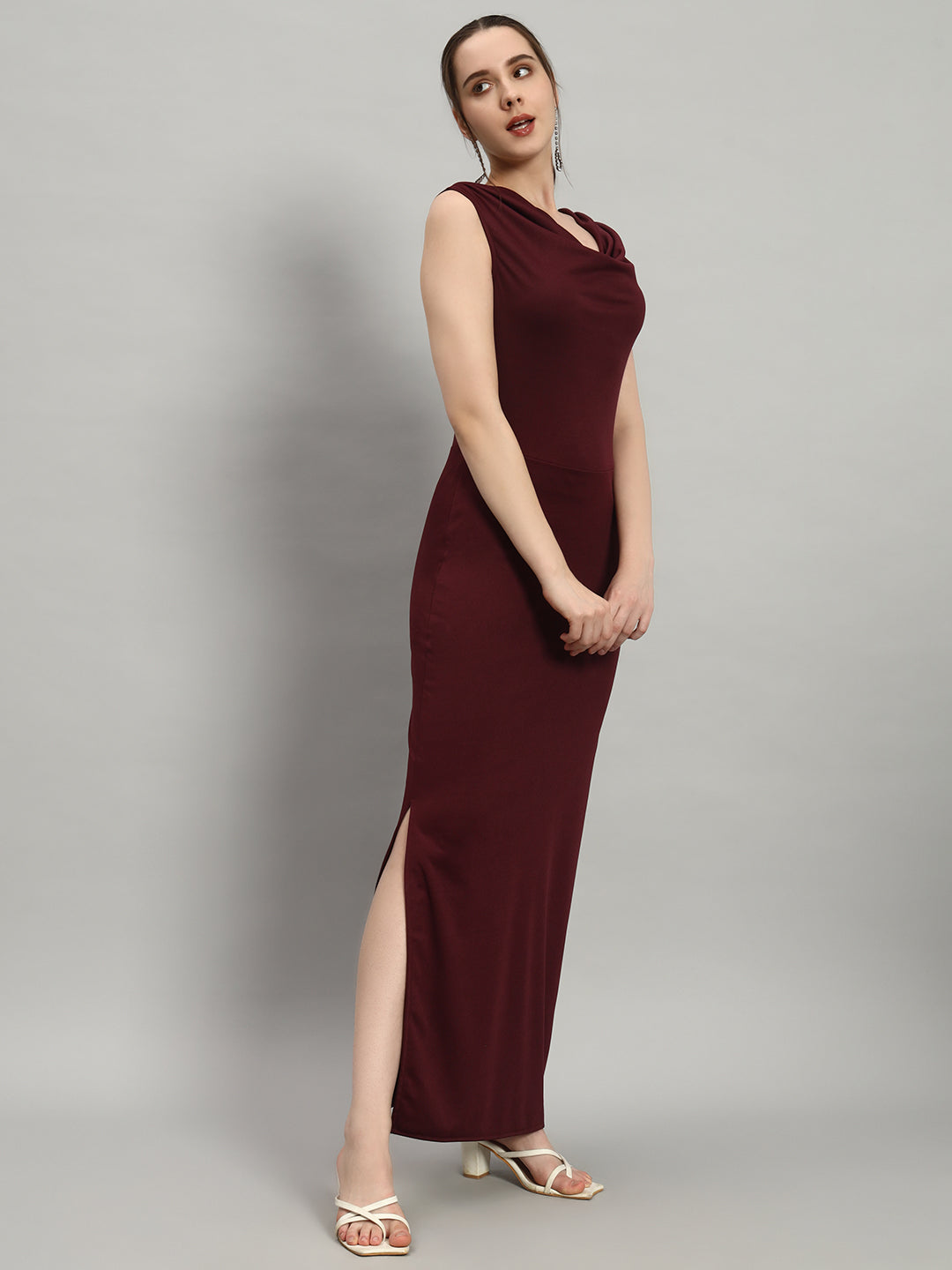 Lycra Cowl Neck Bodycon Maxi Sleeveless Party Dress Wine