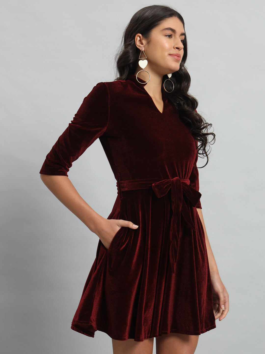 A-Line Quarter Sleeves V-Neck Party Dress Maroon