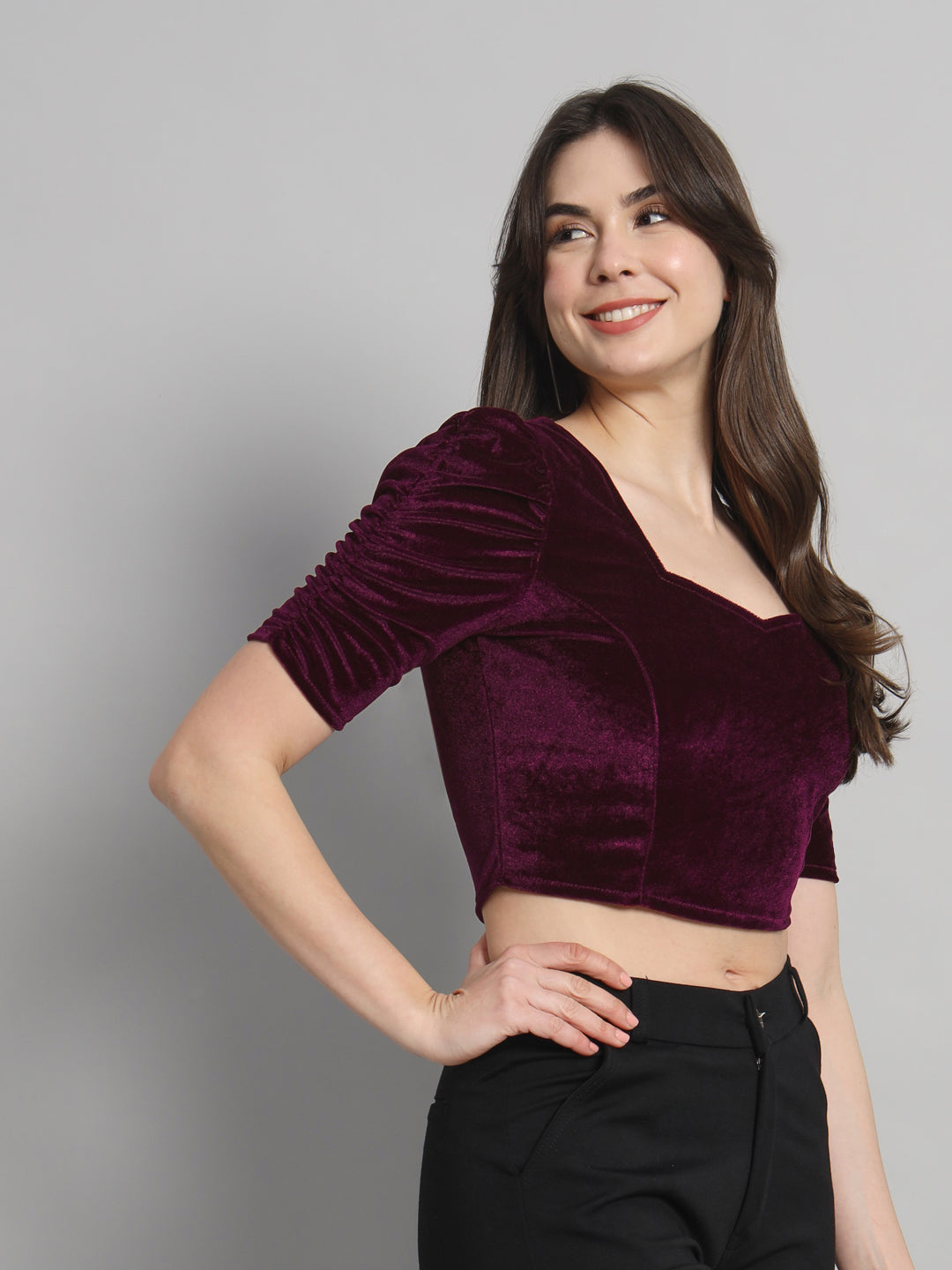 Puff Sleeves Velvet Blouse Tops Maroon