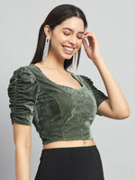 Puff Sleeves Velvet Blouse Tops Dark Olive Green