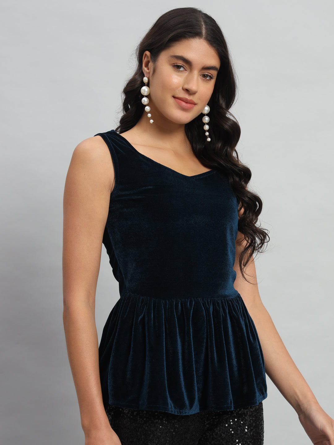 Waistline Ruffle Sleeveless Party Top Peacock Blue