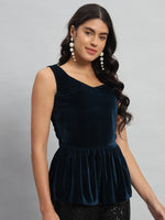 Waistline Ruffle Sleeveless Party Top Peacock Blue