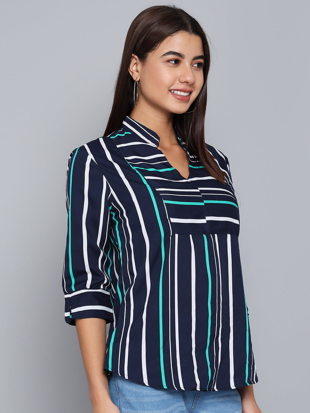 Crepe Multicolor Striped V-Neck Sleeves Stylish