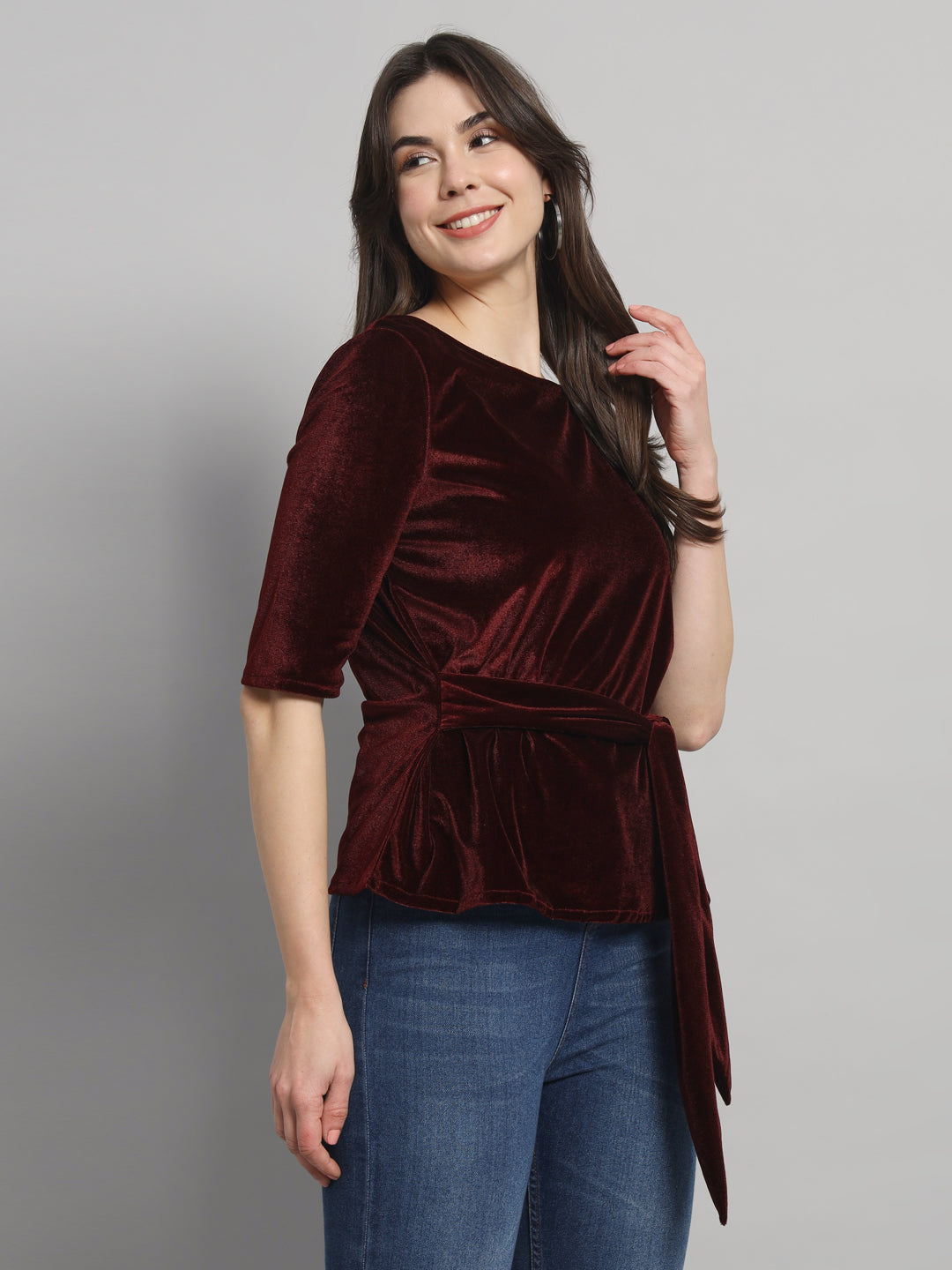 Half Sleeeves Front Tie Waistband Party Top Maroon