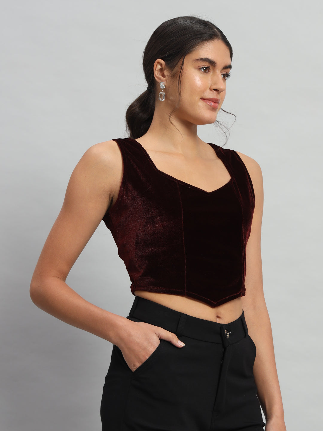 Velvet Sleeveless Readymade Party Blouse Sporty Maroon