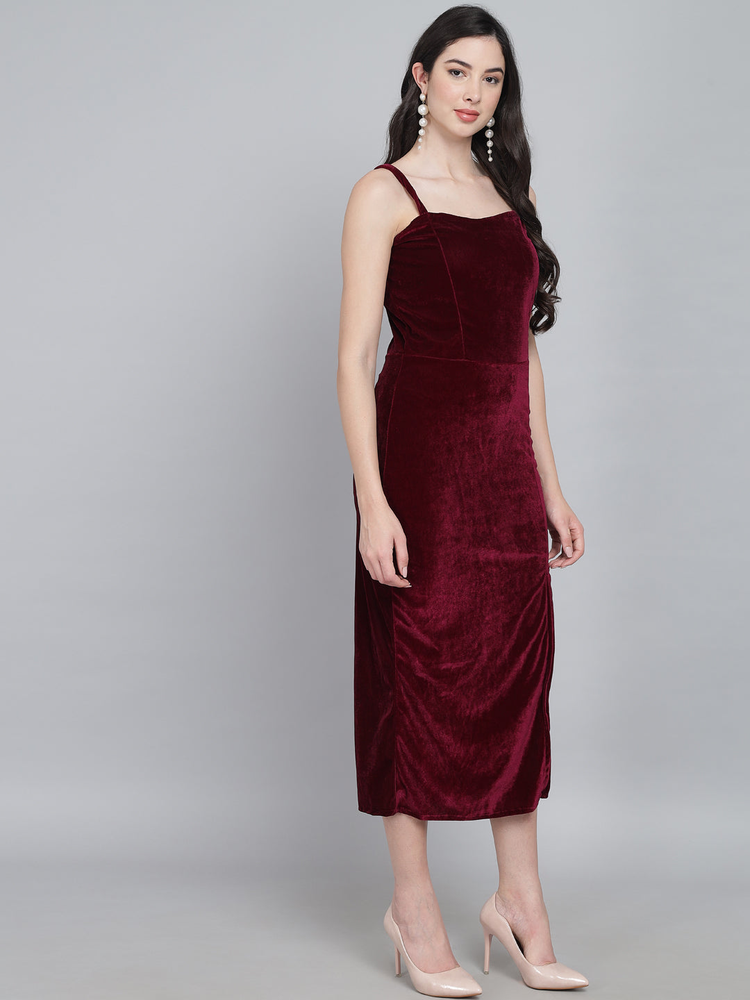 Maxi Sleeveless Velvet Square Neck Bodycon Dress Wine