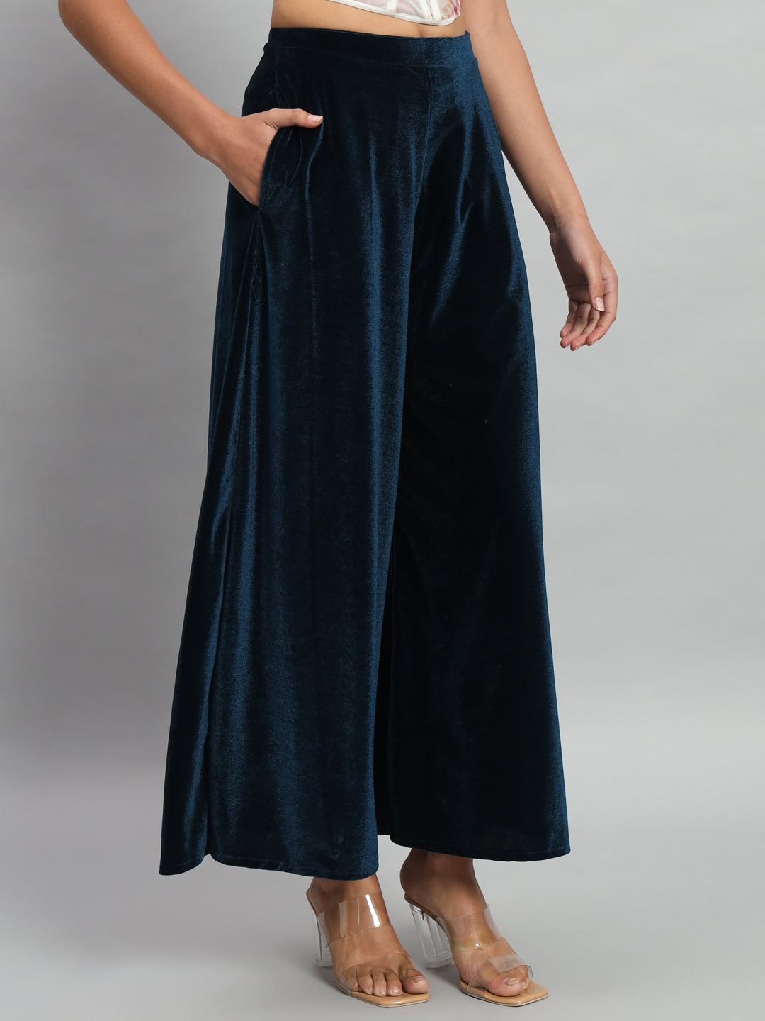 Women Velvet Wide Leg Palazzos Peacock Blue