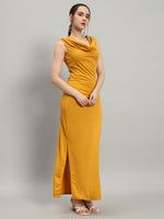 Lycra Cowl Neck Bodycon Maxi Sleeveless Party Dress Mustard Yellow