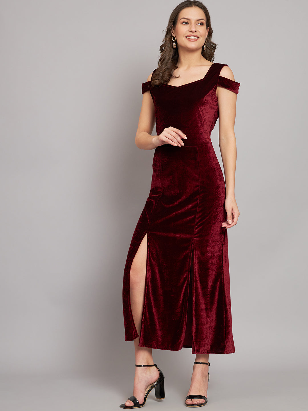 Maxi Style Cold Shoulder Bodycon Party Dress Maroon