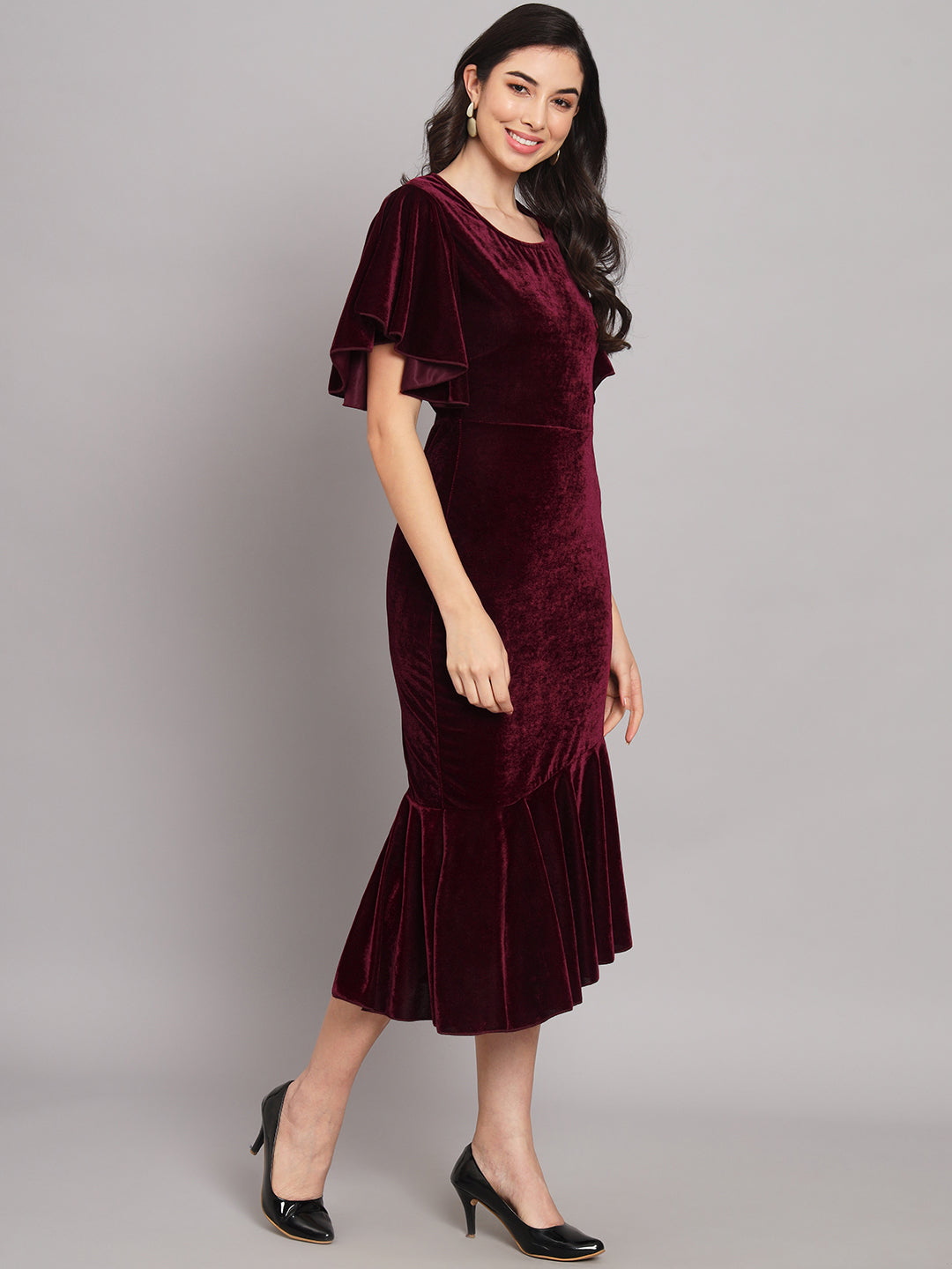 Ruffle Sleeves Fish Cut Velvet Party Dress Wine