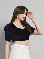 Puff Sleeves Velvet Blouse Tops Navy Blue