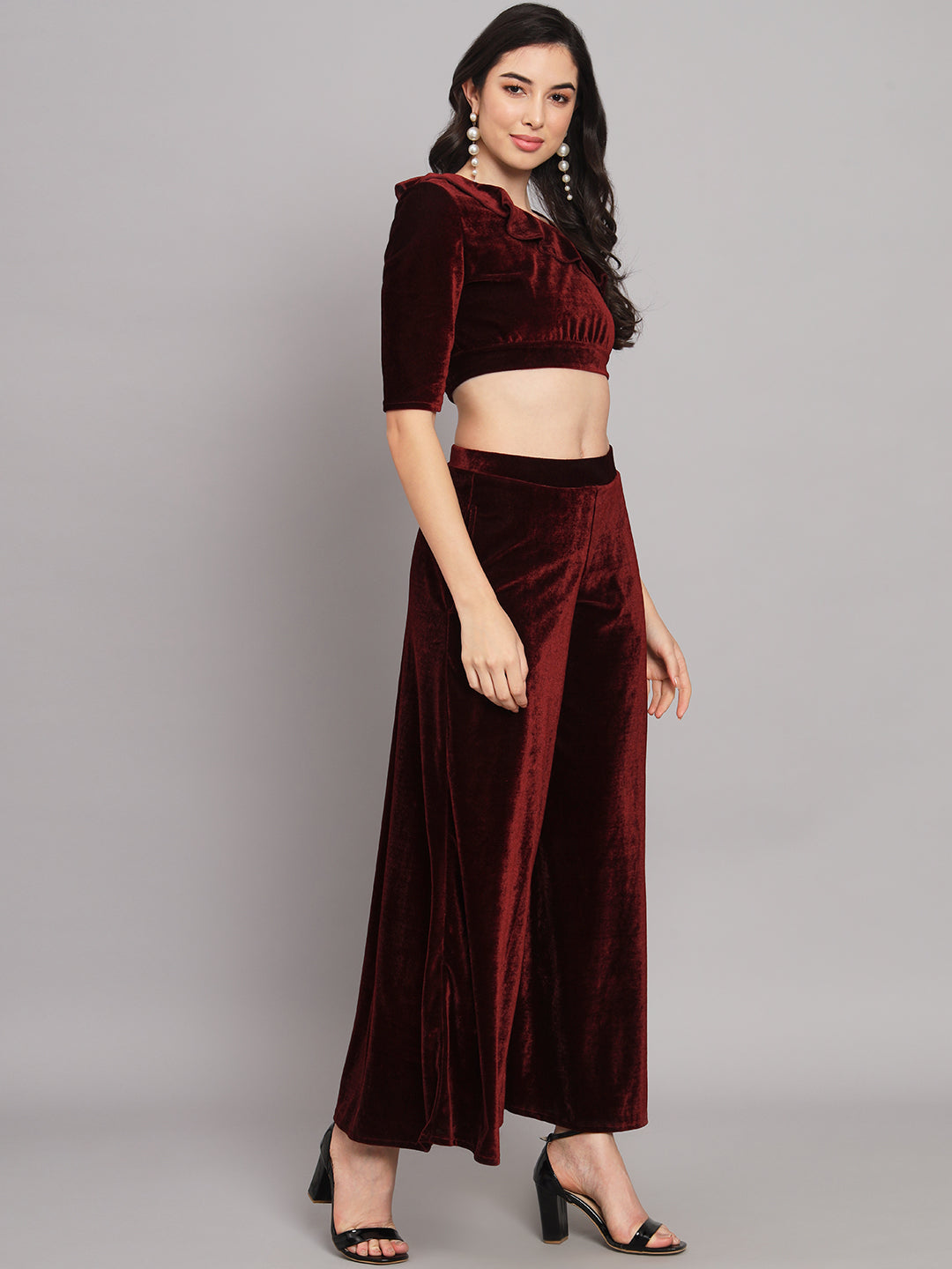 One Sleeve Crop Top with Palazzo Party Co-Ord Set Black