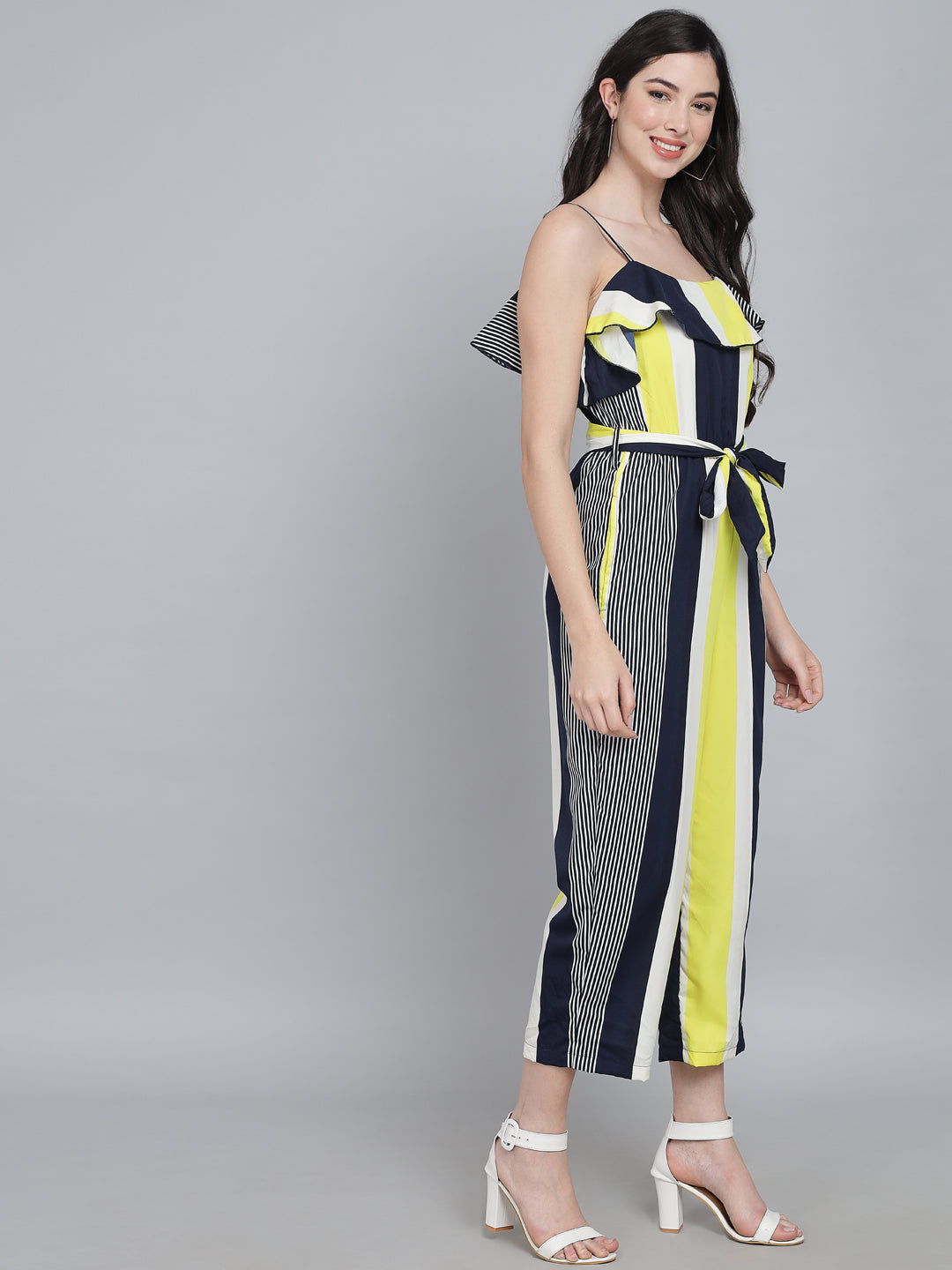 Striped Shoulder Straps Ruffles Cotton Basic Jumpsuit
