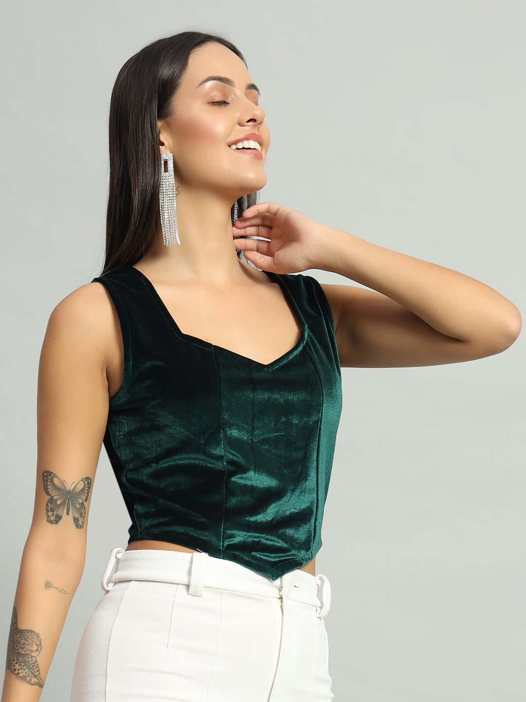 Velvet Sleeveless Readymade Party Blouse Bottle Green