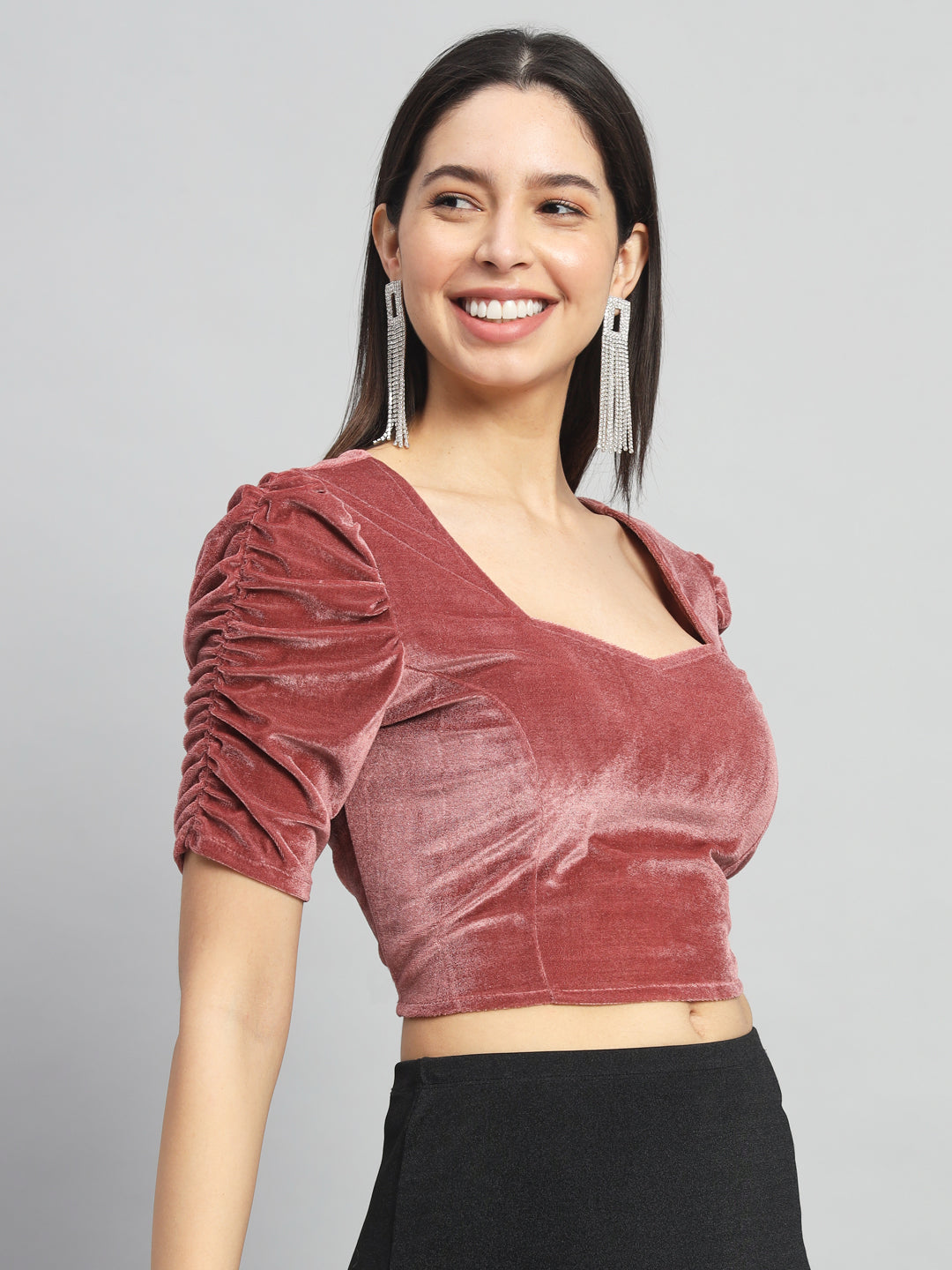 Puff Sleeves Velvet Blouse Tops Maroon