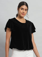 Short Sleeves Ruffles Stylish Party Top Black