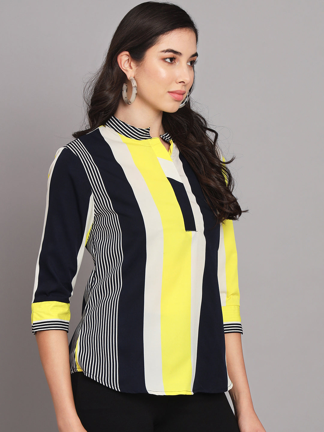 Mandarin Collar Multicolor Striped Crepe Tops