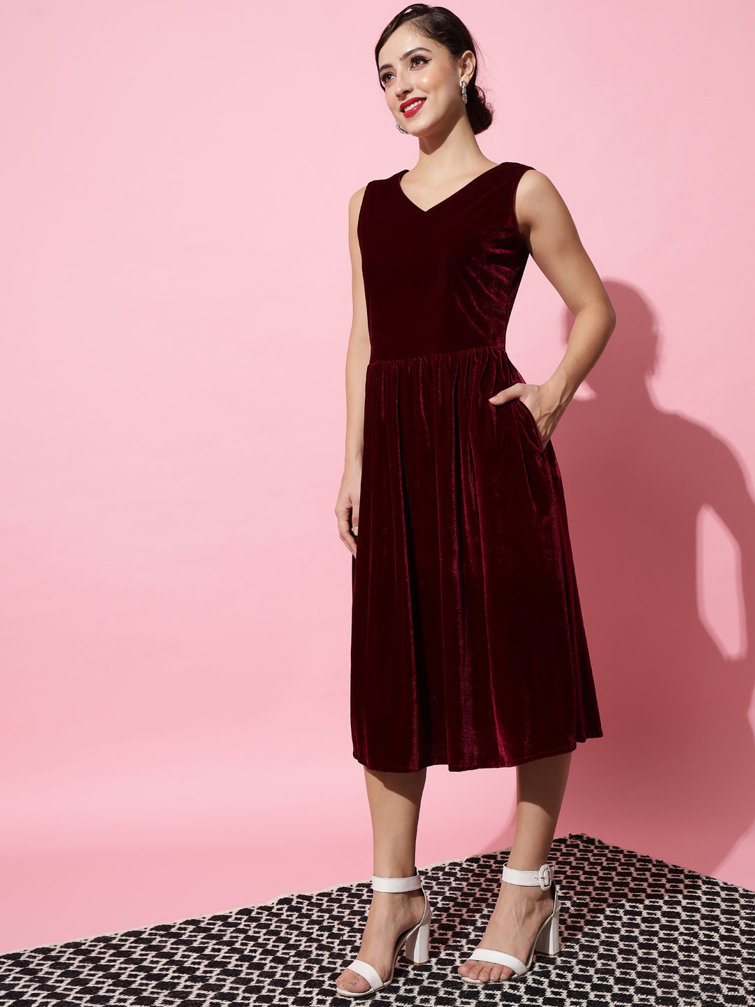 A-Line Velvet V-Neck Tops Sleeveless Party Dress Wine