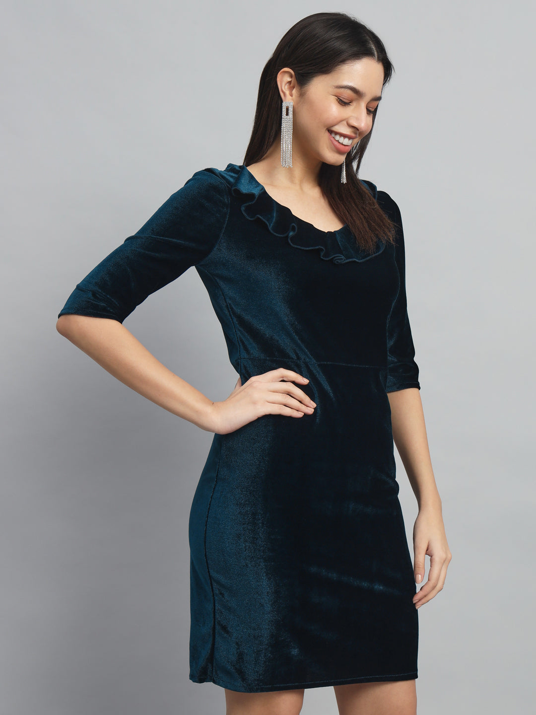 Half Sleeves Above Knee Party Dress Peacock Blue