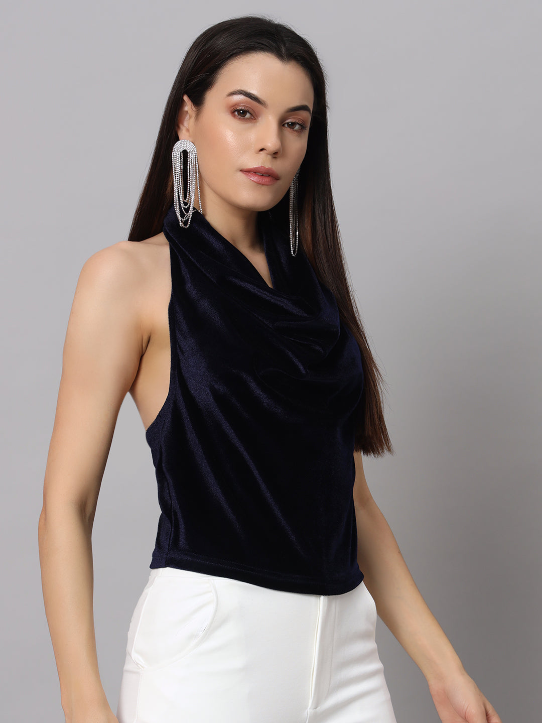 Halter Neck Top Velvet Sleeveless Party Outfit Black