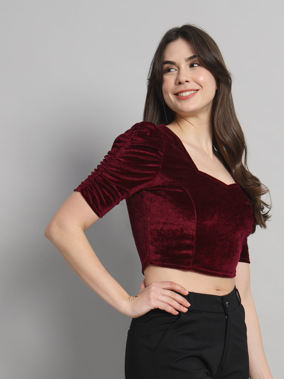 Puff Sleeves Velvet Blouse Tops Sporty Maroon