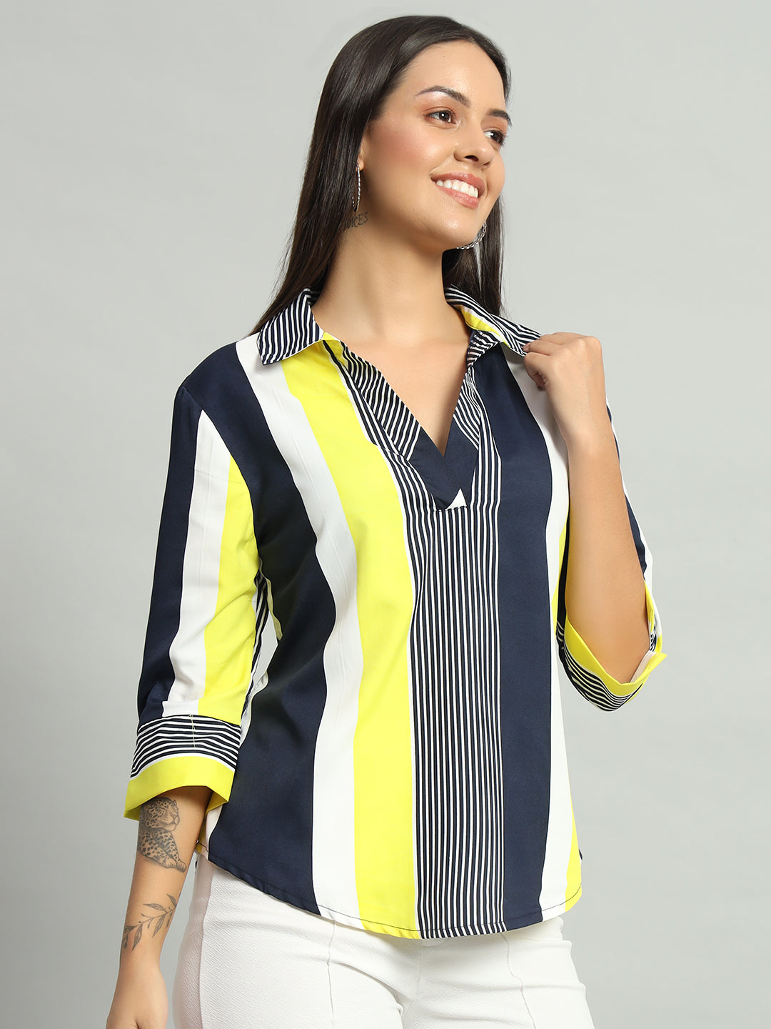 Crepe V-Neck Collared Quarter Sleeves Tops Dark Yellow