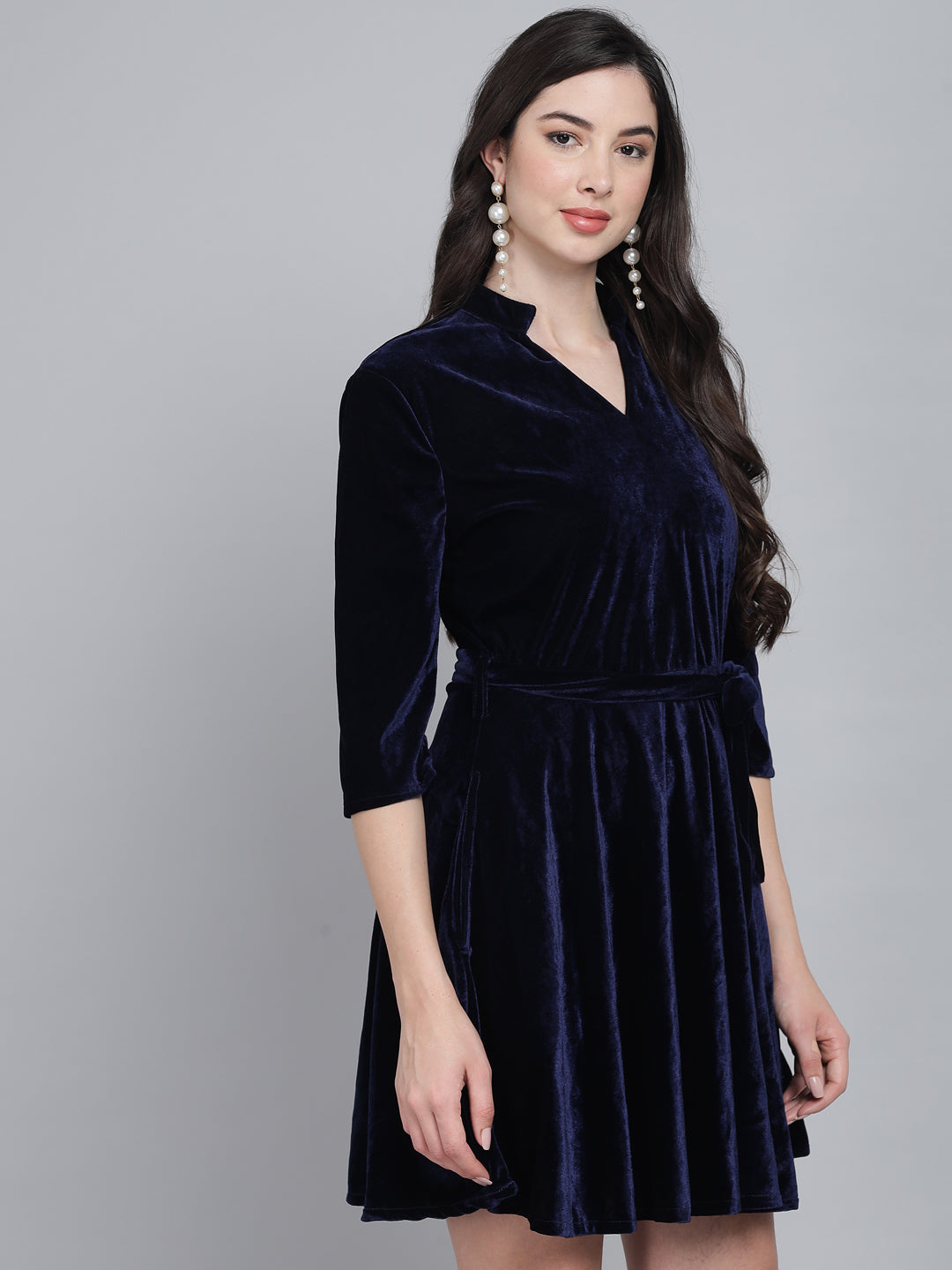 A-Line Quarter Sleeves V-Neck Party Dress Dark Blue