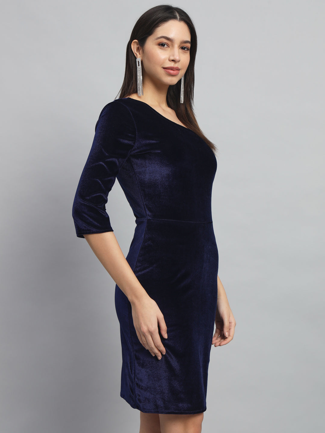 Velvet One Cold Shoulder Bodycon Party Dress Navy Blue