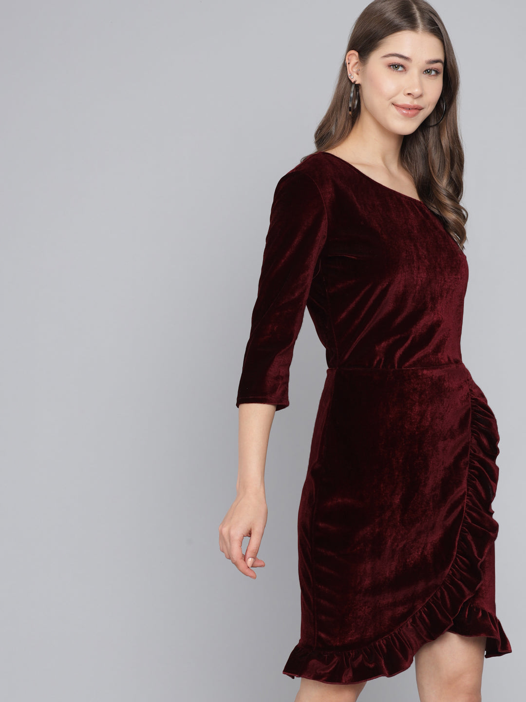 One Shoulder Bodycon Half sleeves Party Dress Dark Maroon