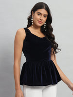 Waistline Ruffle Sleeveless Party Top Navy Blue