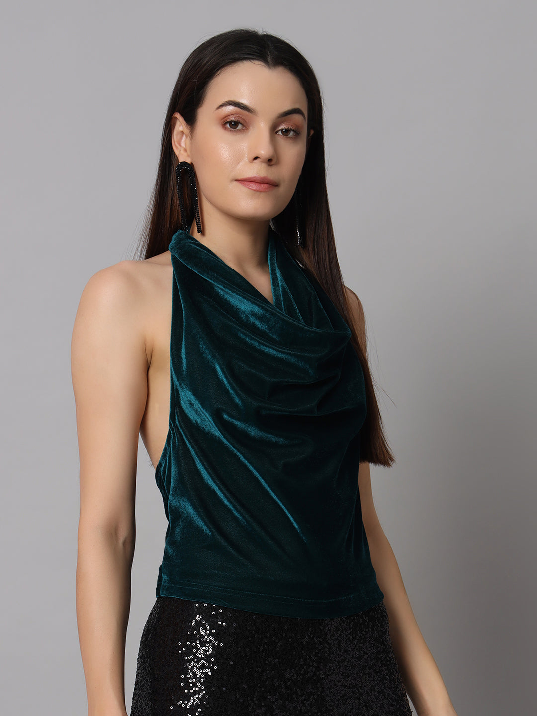 Halter Neck Top Velvet Sleeveless Party Outfit Rama Green