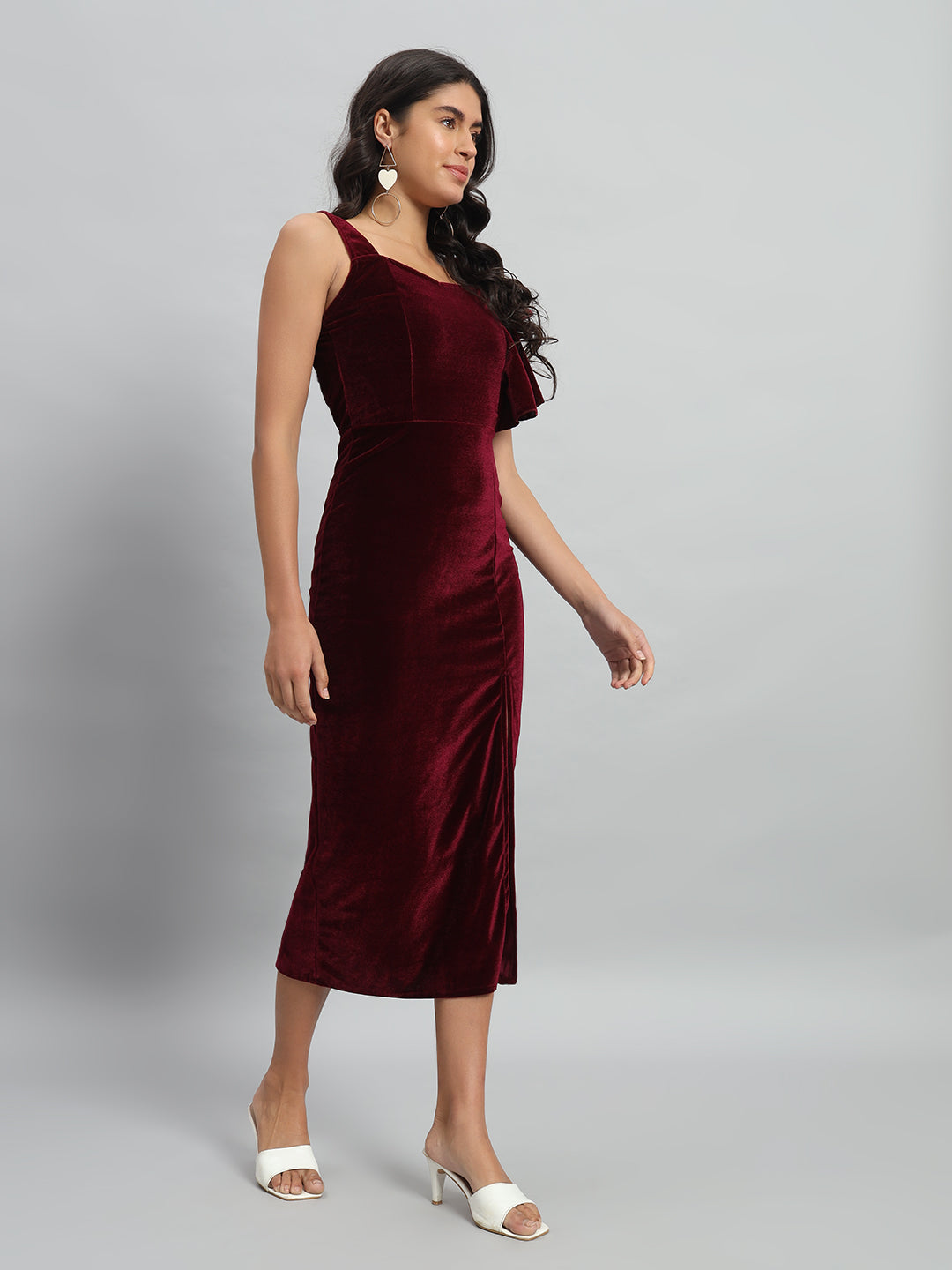 Shoulder Straps Velvet Ruffles Bodycon Midi Dress