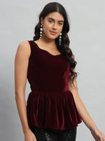 Waistline Ruffle Sleeveless Party Top Maroon