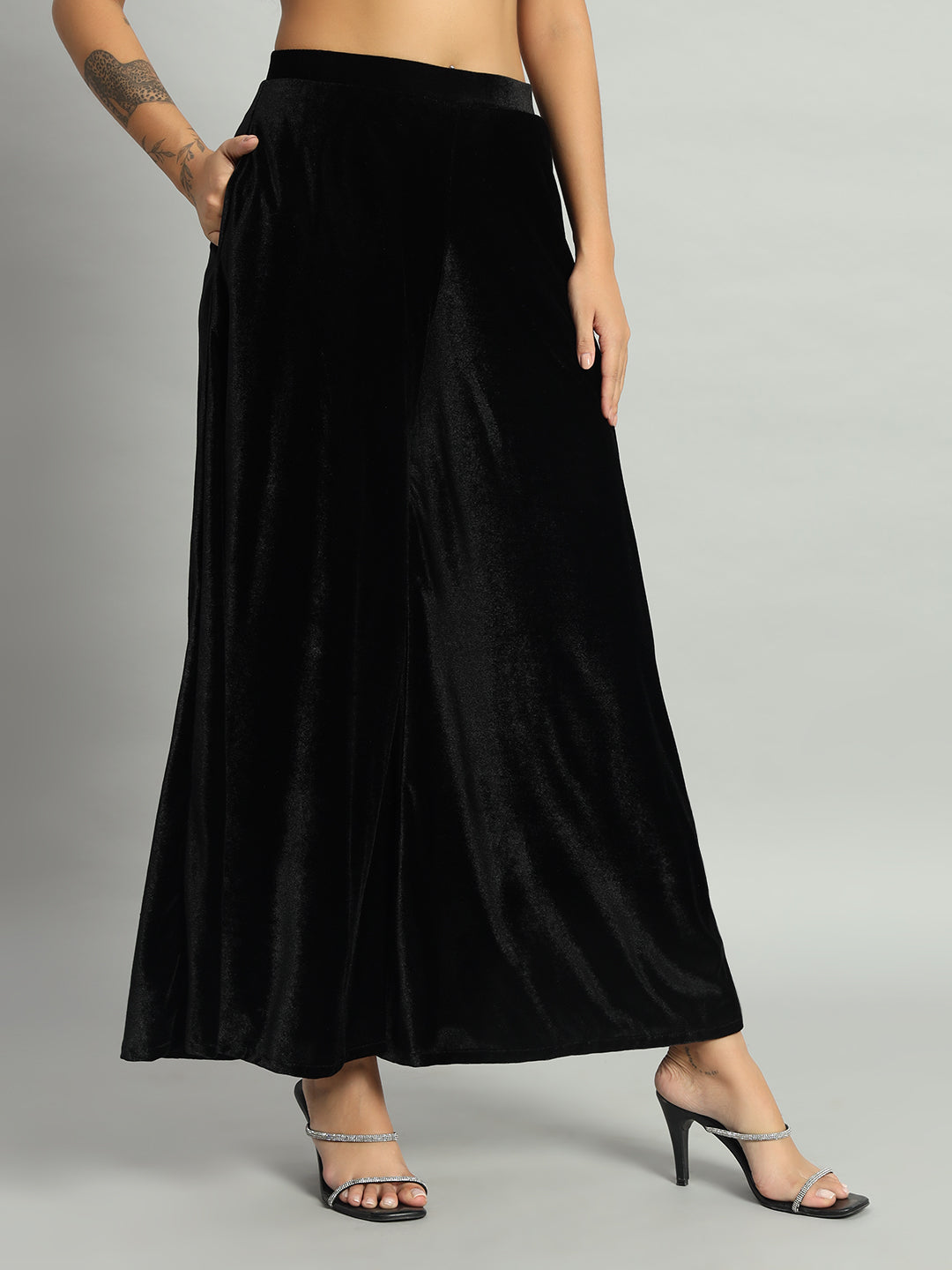 Women Velvet Wide Leg Palazzos Black