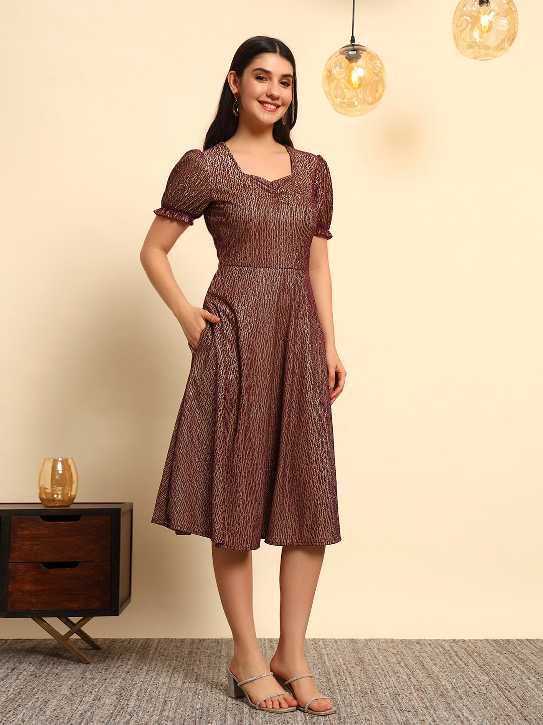Plum Gold Shimmer Fit & Flare Midi Dress
