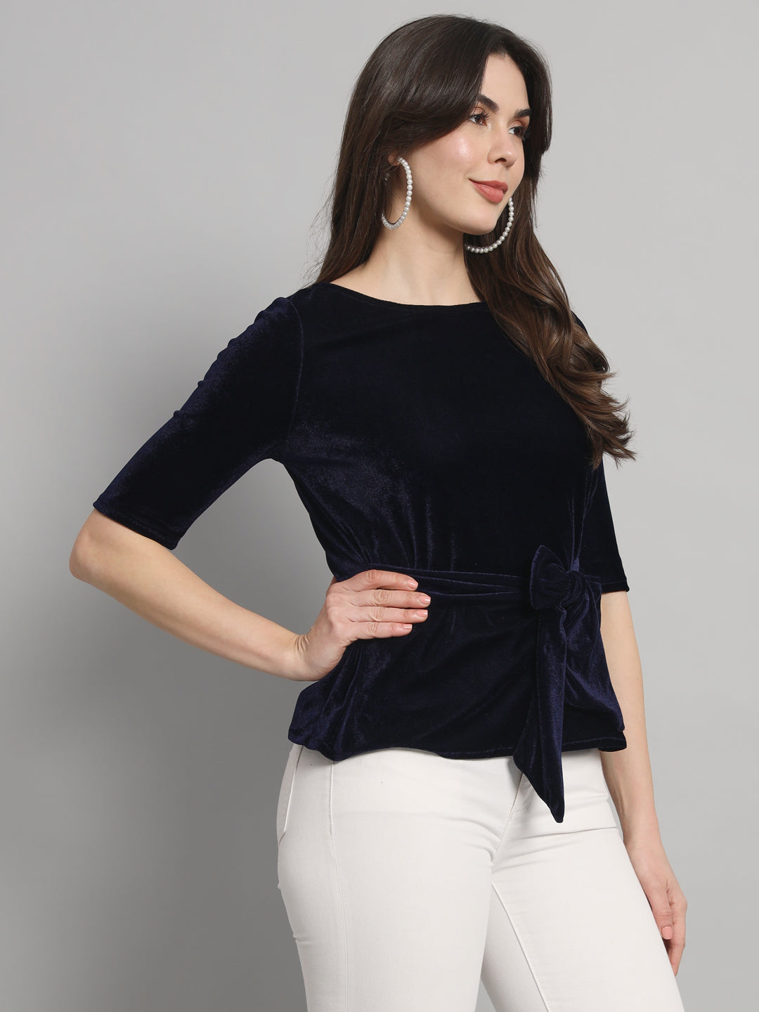 Half Sleeeves Front Tie Waistband Party Top Navy Blue