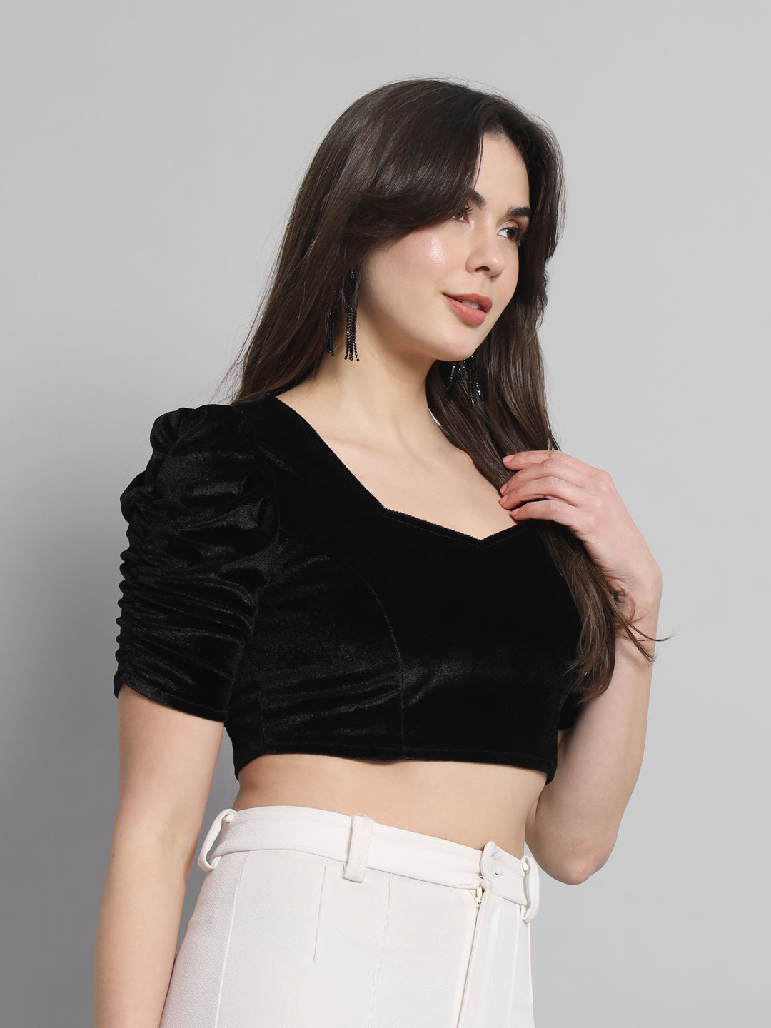 Puff Sleeves Velvet Blouse Tops Black