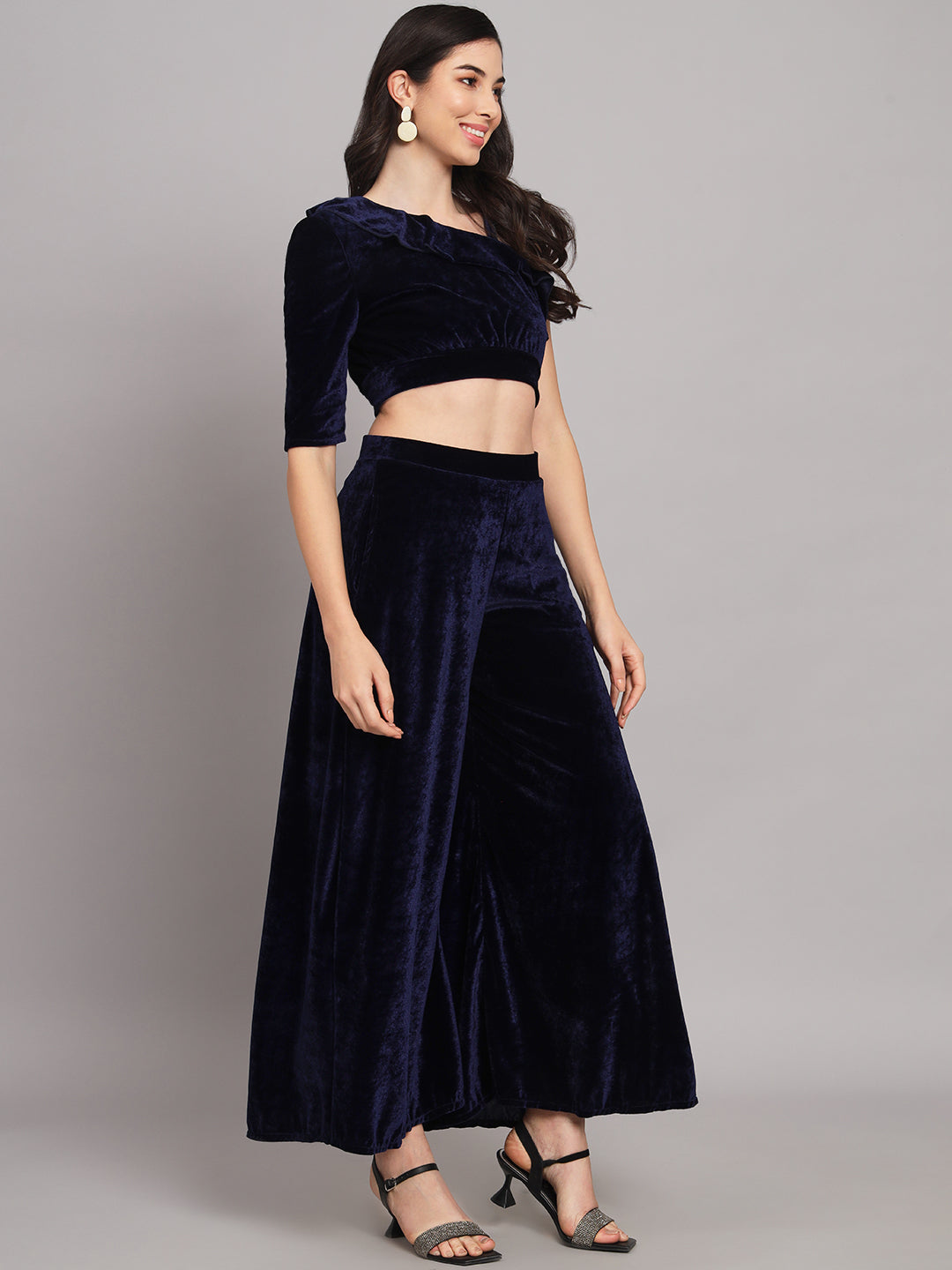 One Sleeve Crop Top with Palazzo Party Co-Ord Set Black