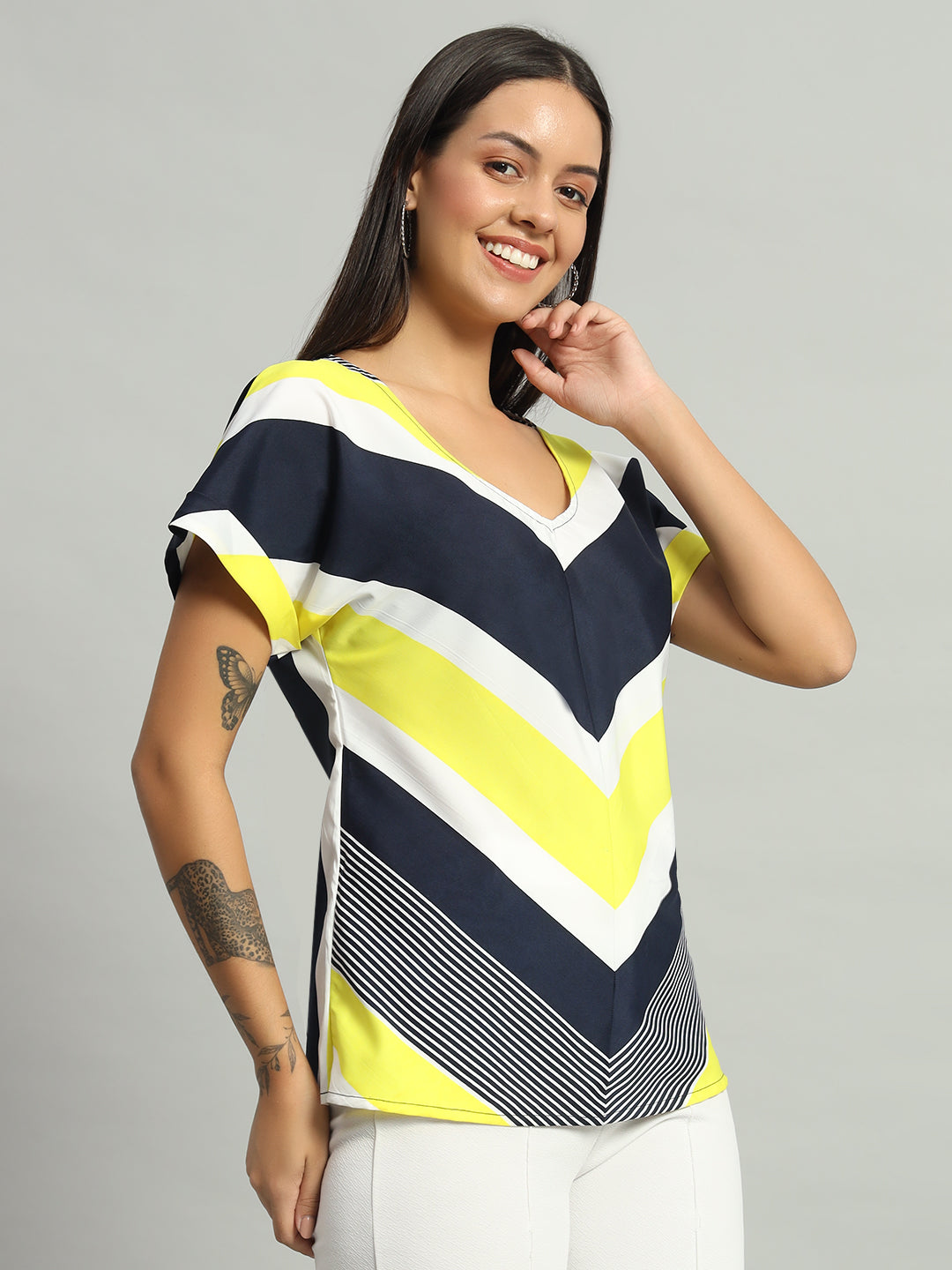 Crepe V-Cut Striped Short Sleeves Top Lemon Yellow