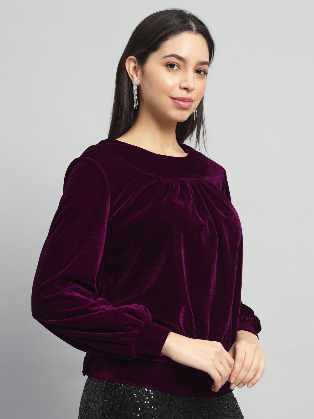 Round Neck Puff Sleeves Blouson Top Wine