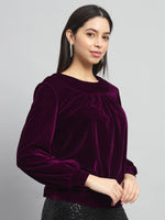 Round Neck Puff Sleeves Blouson Top Wine