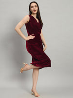 Deep V-Neck Shiny Velvet Sleeveless Party Dress Wine