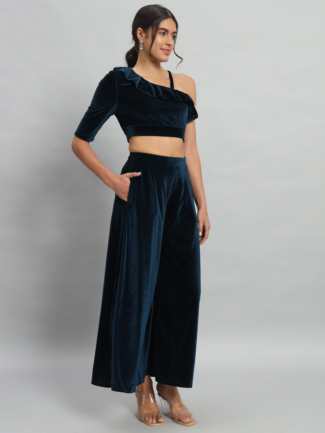 One Sleeve Crop Top with Palazzo Party Co-Ord Set Black