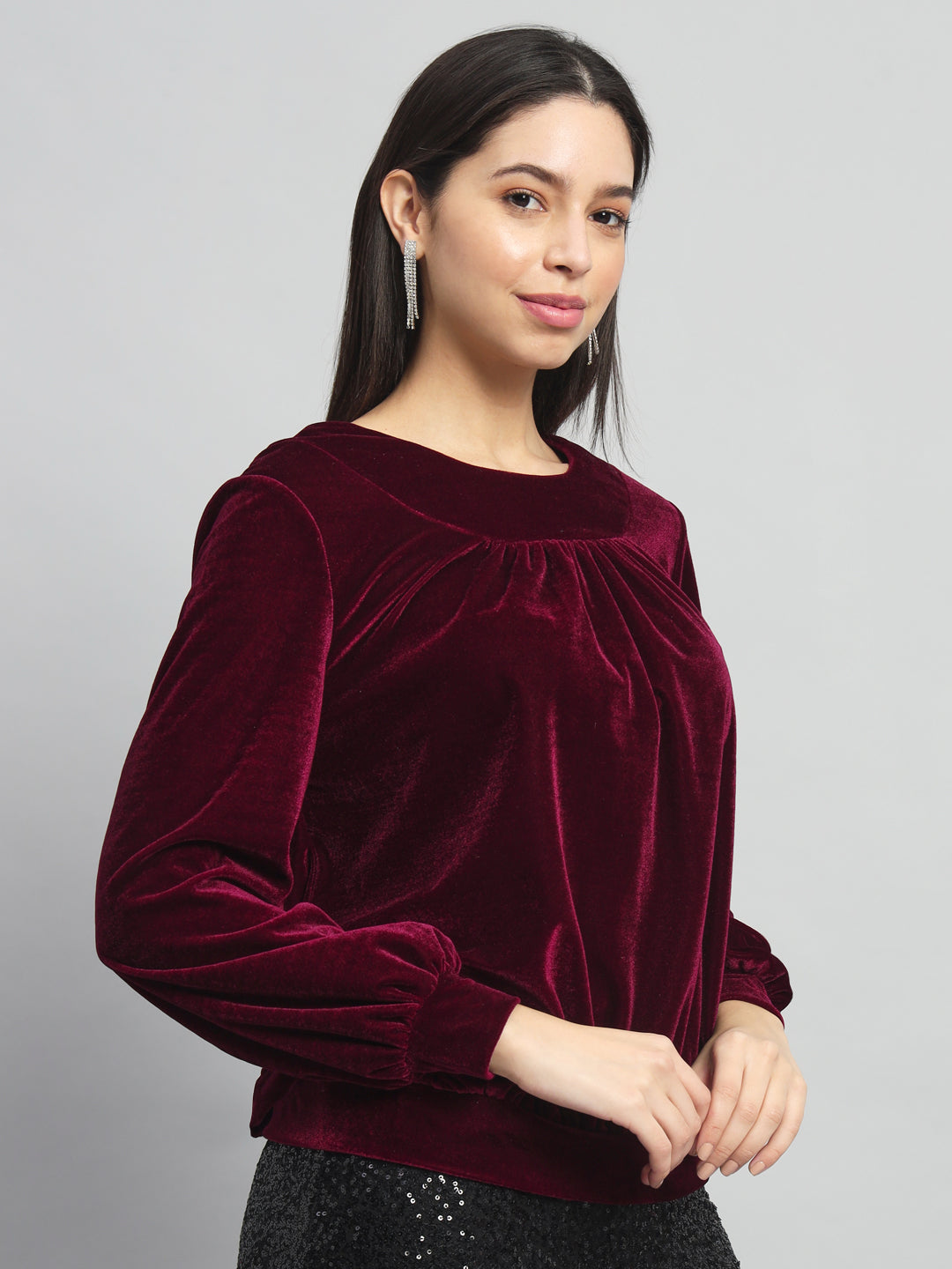 Round Neck Puff Sleeves Blouson Top Sporty Maroon