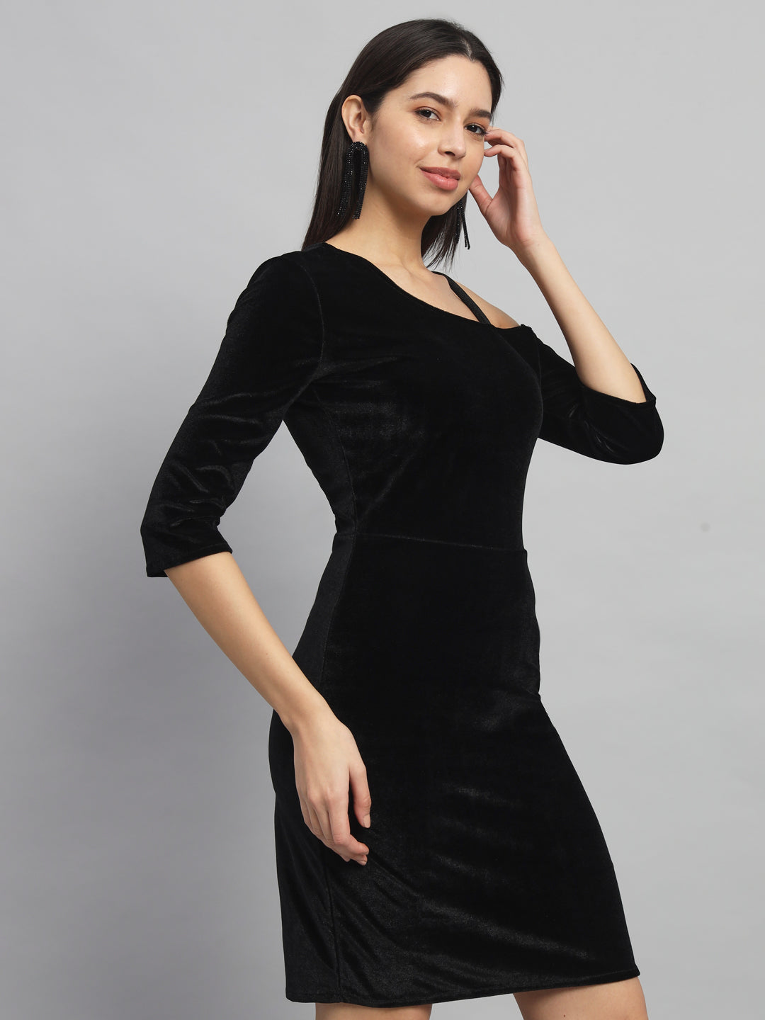 Velvet One Cold Shoulder Bodycon Party Dress Black