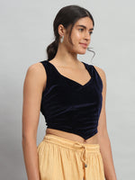 Velvet Sleeveless Readymade Party Blouse Navy Blue